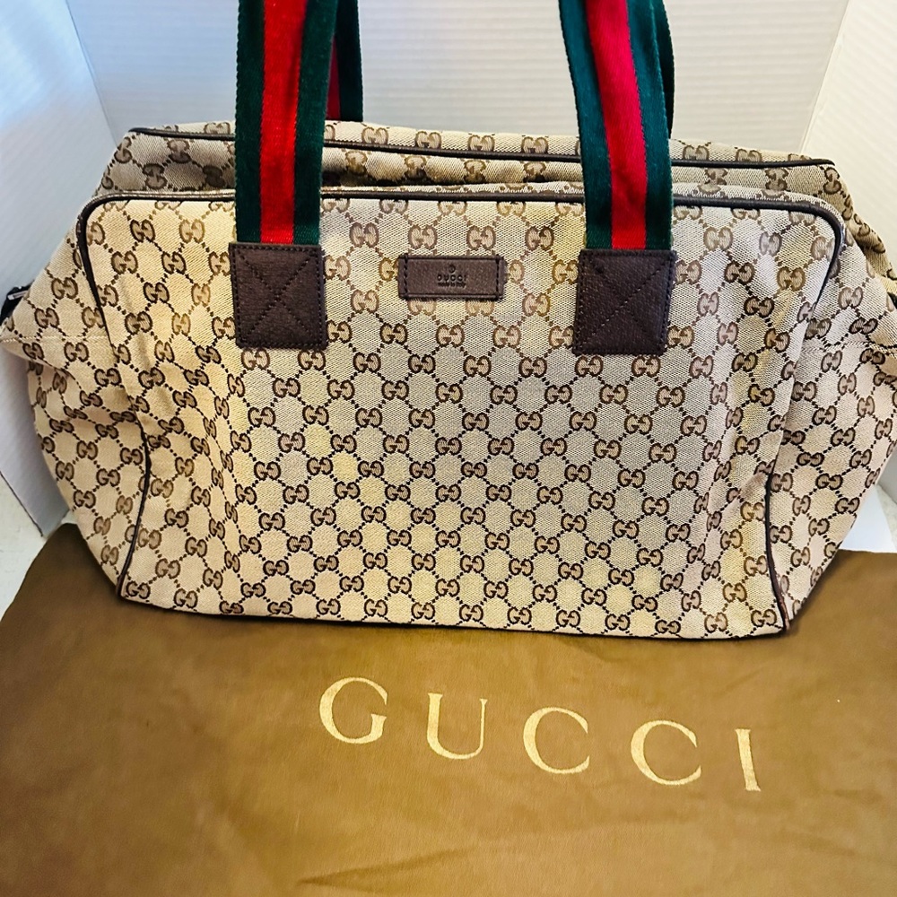 #278 Gucci Canvas Weekend Cream and Brown Tote Bag with Iconic Design